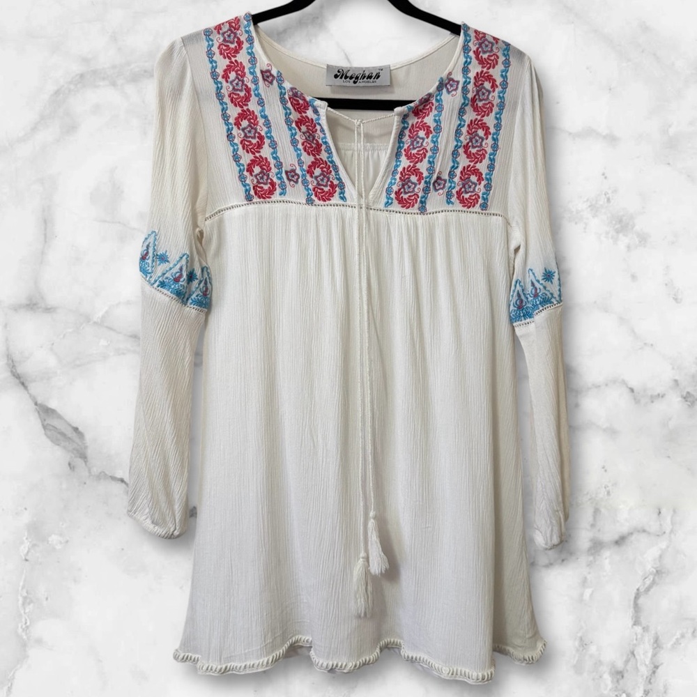 MEGHAN Los Angeles L.A. Anthropologie L/S Embroidered White BOHO Tunic Top Small